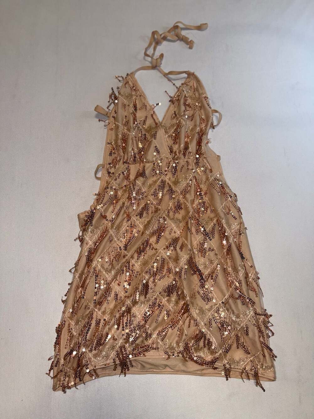 SHEIN SXY Rose Gold Sequin Fringe Backless Halter Mini Dress